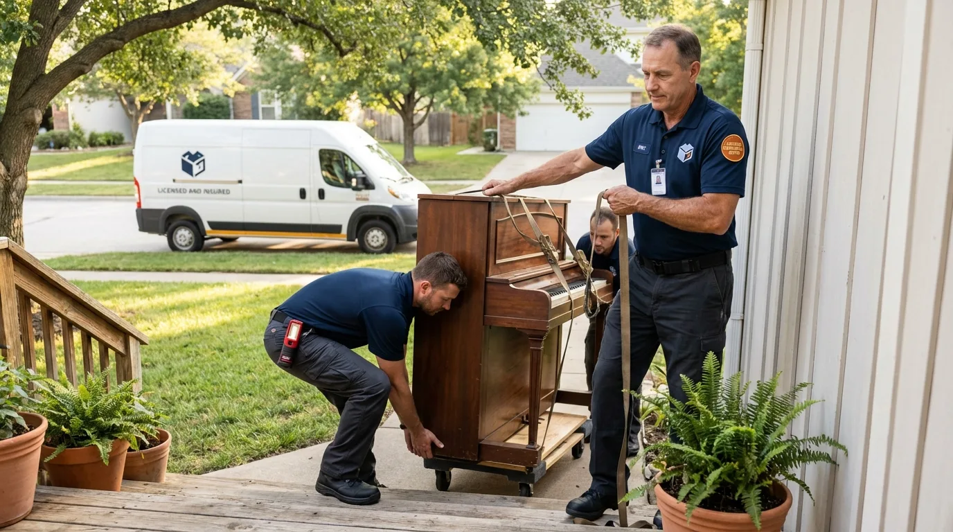 Licensed piano movers securing grand piano in Norwich, CT