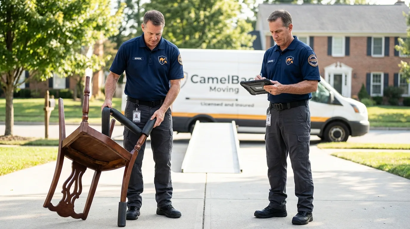 Movers inspecting furniture for damage prevention before loading in Norwich, CT