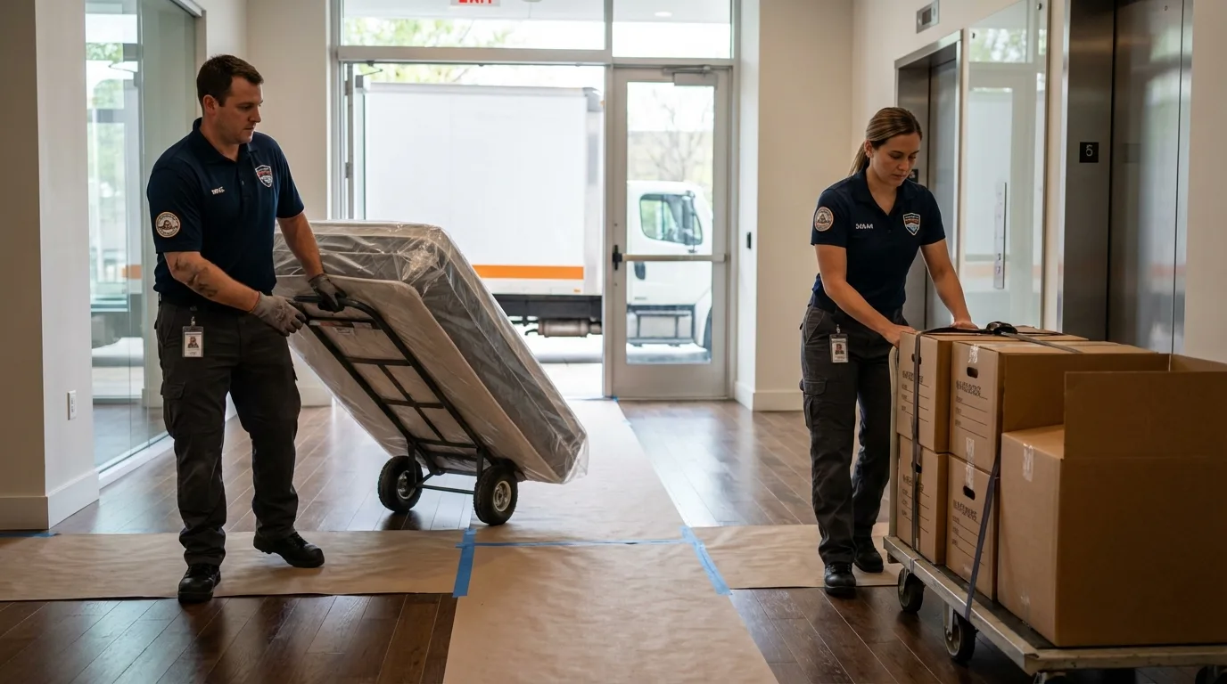 Professional apartment movers loading elevator in Norwich, CT